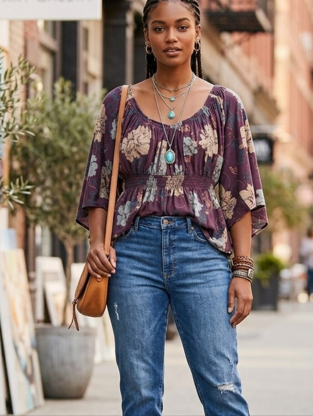 Free People Floral Peplum Blouse Purple Kimono Sleeve Boho Top XS (Fits S/M)